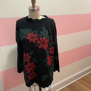 Vintage poinsettia Christmas sweater tunic with lurex size m